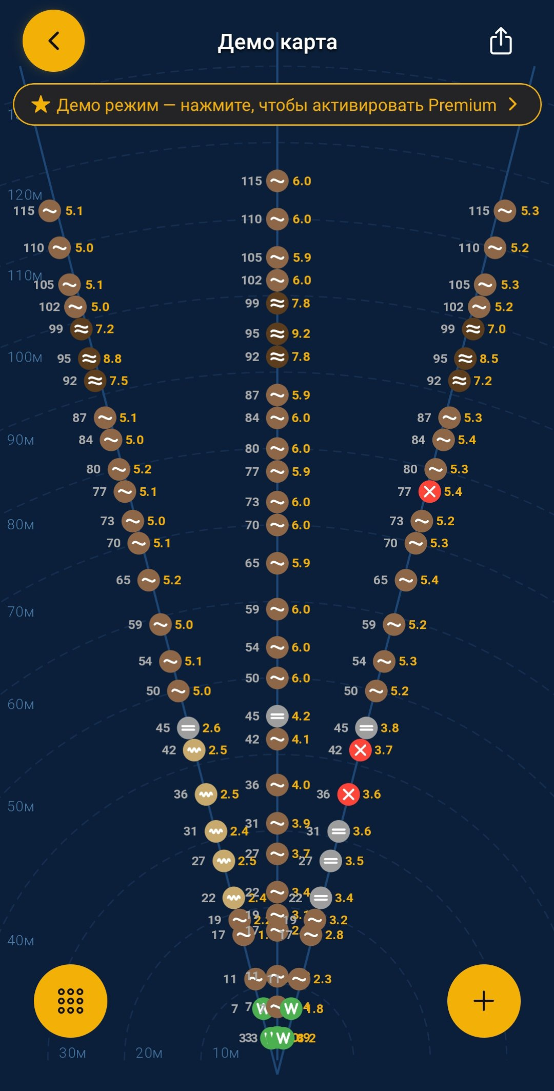 Скриншот функции «Маркерная карта дна» в приложении MarkerX